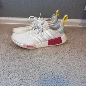 Adidas Women's White Sneakers with Pink and Yellow Highlights